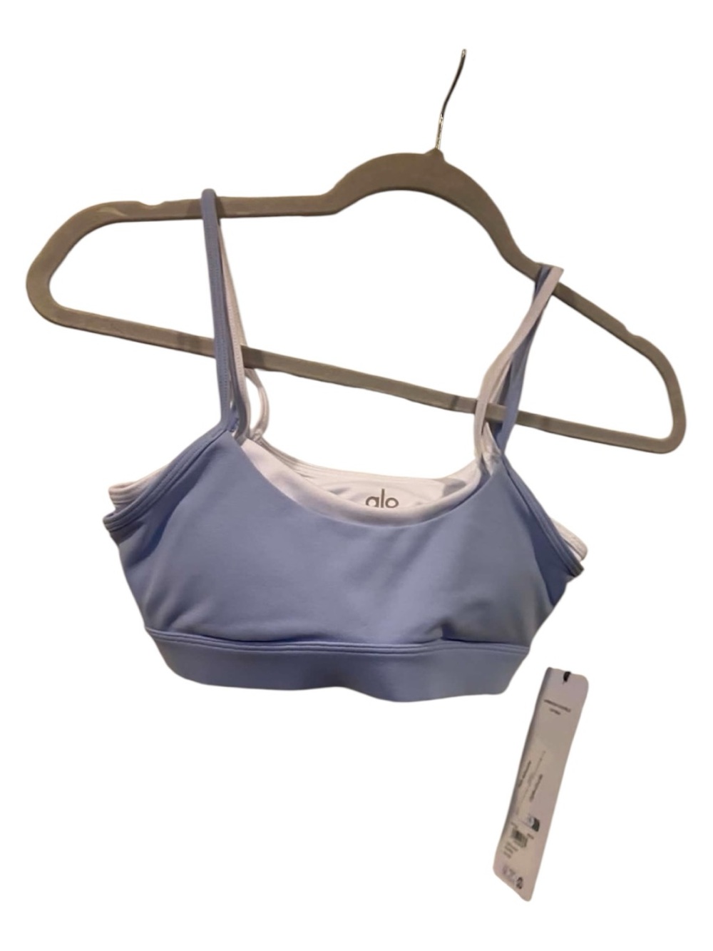 NWT Alo Yoga Double Up Bra LIGHT PROVENCE BLUE/WHITE Size XXS